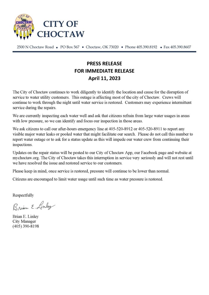 Press Release Water Outage 4.11.23